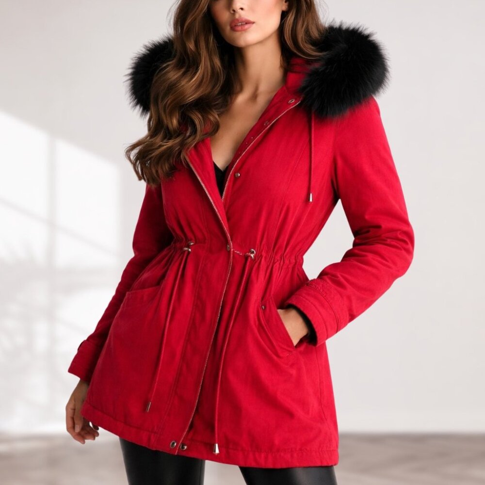 Vintage 90s Mob Wife Red Fur Hood Parka Small
